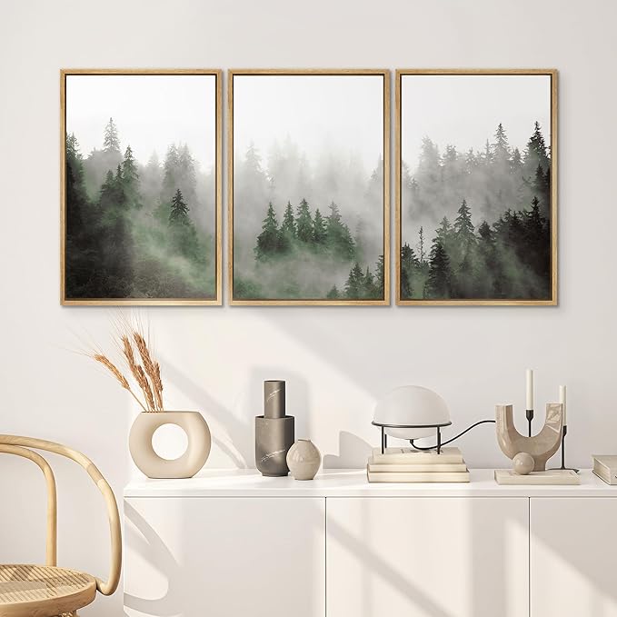 SIGNWIN Framed Canvas Print Wall Art Woodland Nursery Decor Set Fog & Mist Over Green Pine Tree Forest Nature Wilderness Modern Art Chic Landscape for Living Room, Bedroom, Office - 24"x36"x3 Natural