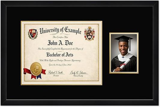 CountryArtHouse Fits 14 x 11 College Diploma (Modern) and 5 x 7 Photo Diploma and Photo Frame Matte Black Genuine Hardwood with Black Over Metallic Gold Double mat