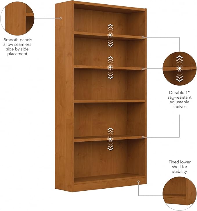 Bush Home Universal Tall 5 Shelf Bookcase in Natural Cherry, Vertical Storage and Display Bookshelf for Home Office or Living Room Organization