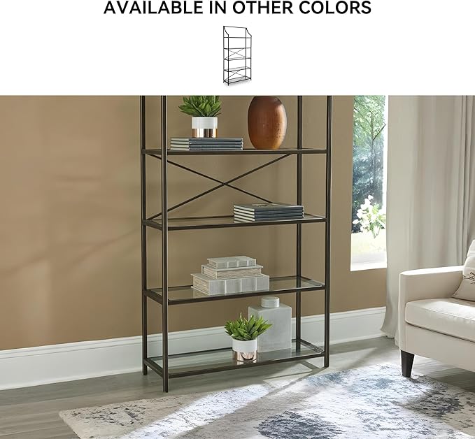 Signature Design by Ashley Bernonly Traditional Metal Etagere 72" Bookcase with 5 Glass Shelves, Metallic