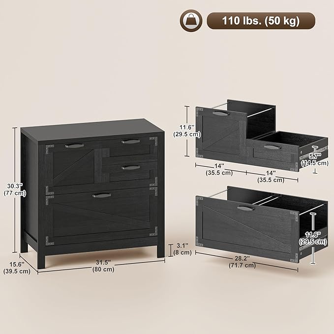 HOMCOM 4 Drawer File Cabinet, Farmhouse Lateral Filing Cabinet with Adjustable Hanging Rails for Letter/A4/Legal Size Files, Printer Stand for Home Office, Black