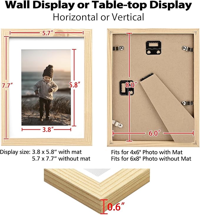 KINLINK 6x8 Picture Frame Wood Grain Set of 6, Wooden Photo Frame Matted 4x6 with Plexiglass for 4x6 with Mat or 6x8 without Mat for Table and Wall Display