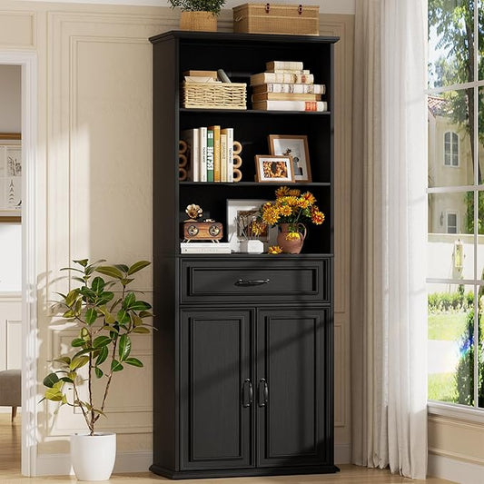 Cyclysio 80" Tall Bookcase, Farmhouse Bookshelves with Drawer and Doors, Floor Standing 6 Shelf Display Storage Cabinet for Home Office, Living Room (1, Black)