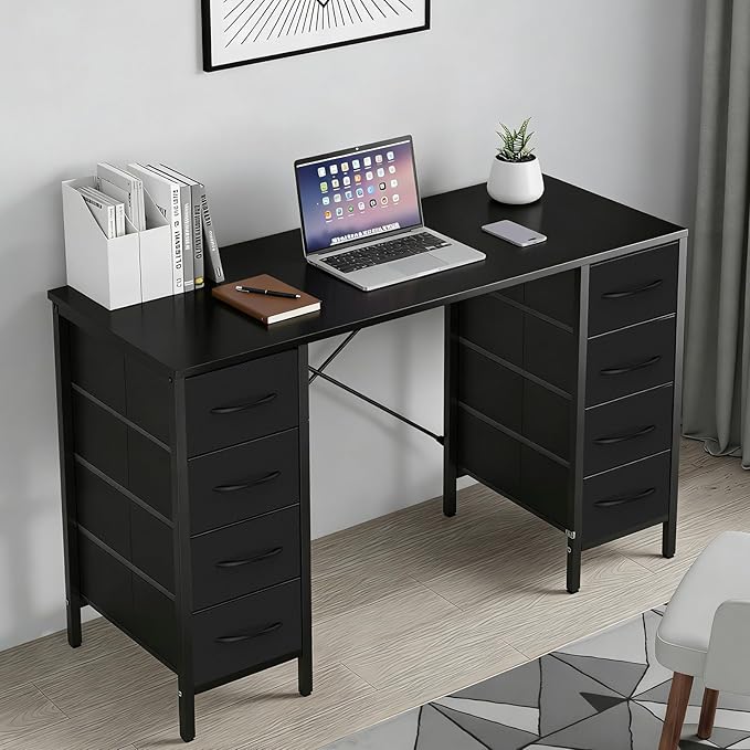 Sweetcrispy Computer Gaming Desk with 8 Storage Fabric Drawers, 47 Inch Home Office Bedroom Desk with Sturdy X-Frame, Modern Writing Study Work Table with Adjustable Feet, Black