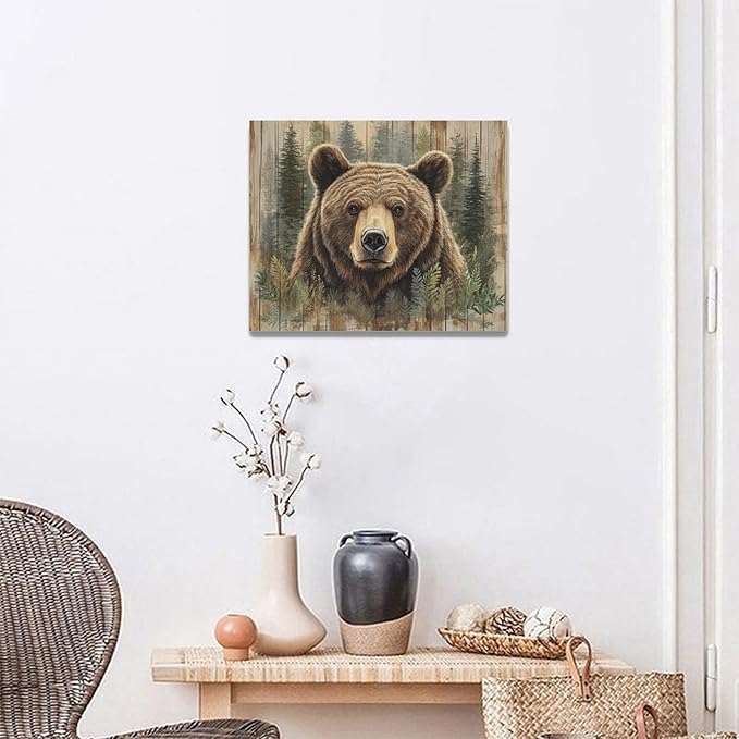 Farmhouse Bear Wall Art Rustic Forest Pictures Decor Woodland Wildlife Painting Canvas Print Modern Home Decoration Artwork for Living Room Bathroom Bedroom Office Framed 20"x16"