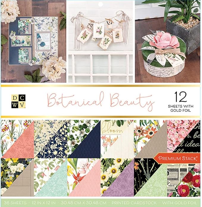 DCWV Printed Cardstock Paper 12x12, 36 Sheets of Scrapbook Paper for Crafts and Card Making, Double Sided Heavy Duty Cardstock with Foil Accents - Botanical Beauty