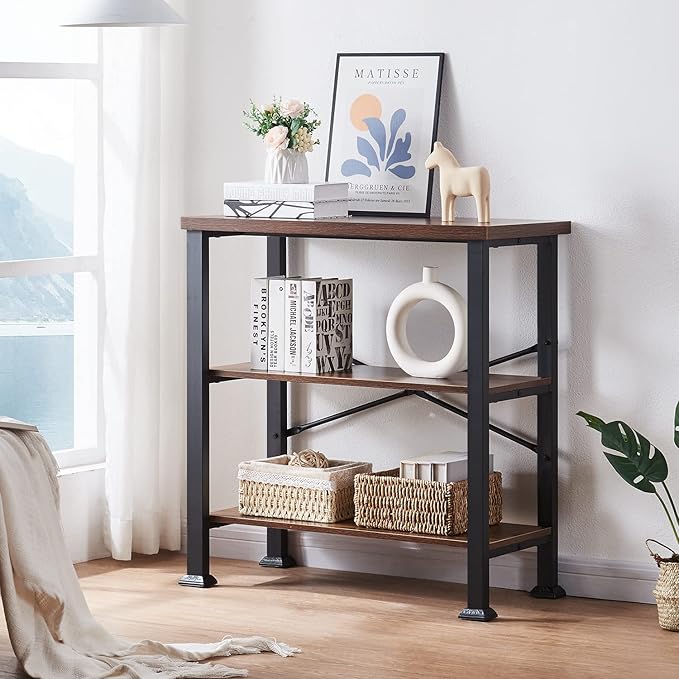 HOMBAZAAR 3 Tier Bookshelf,Rustic Brown Industrial Book Shelf,Engineered Wood and Metal Small Bookcases,Low Shelf Bookcase for Living Room,Office,Bedroom and Kitchen