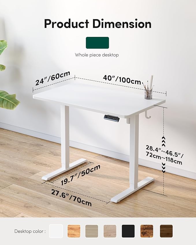 CubiCubi 40 x 24 Small One-Piece Standing Desk, Adjustable Height Electric Computer Home Office Sit Stand up Workstation, with 4 Memory Presets, Headphone Hook, White