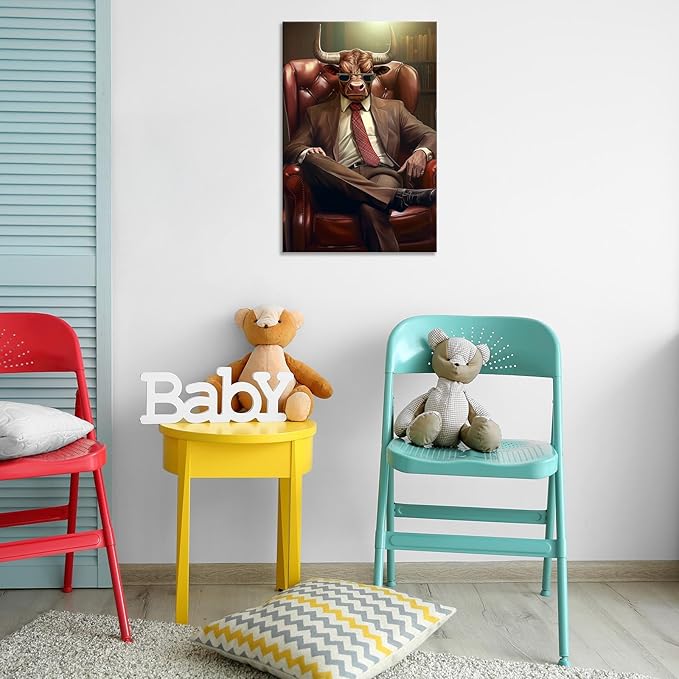 Trendy Suit Animal Cow Portrait Wall Art Funny Boss Cow Canvas Posters Work Struggle Motivation Inspiring Prints Painting For Office Living Room Wall Decor 16x24in Framed