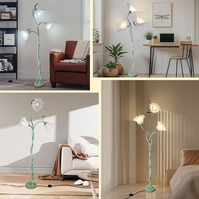 Flower Standing Lamp for Bedroom, Cute Corner Floor Lamp with Flexible Gooseneck,3 Light Floor Reading Lamp with 3 Color Temperatures, Bulbs Included, LED Tall floor Lamp for Living Room Corner(Green)