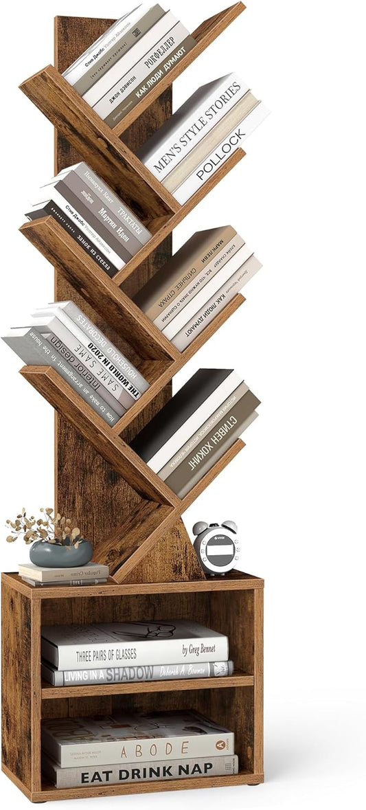 VASAGLE Custos Collection - Tree Bookshelf, Modern Bookcase, Floor Standing Book Shelf, for Bedroom, Living Room, Home Office, 2 Open Compartments, 8 x 15 x 48.5 Inches, Rustic Brown ULBC607K01