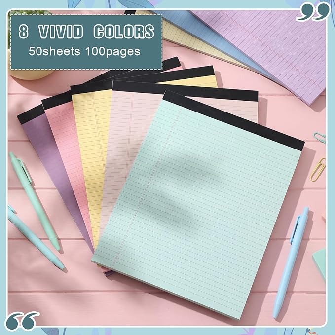 Fuutreo 8 Pcs 8.5'' x 11'' Colored Legal Pad 50 Sheets Per Writing Pads Narrow Ruled Notepad Perforated Writing Notepad Office Supplies for College Office Business (Childlike Color)