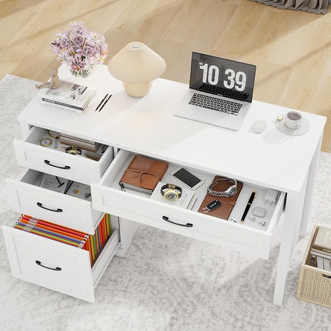 Farmhouse 47" Executive Desk with File Drawer, Wood Computer Desk with 3 Storage Drawers, Workstation for Home Office, Study, Writing.White