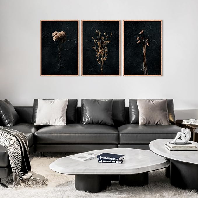Moody Dark Orange Floral Framed Canvas Wall Art Set, Minimalist Wildflower Wall Decor, Black Flower Botanical Wall Painting, Modern Illustration Art Print Living Room, Bedroom, Office 36"x24"x3