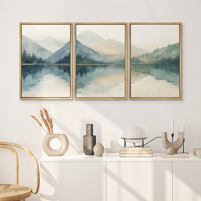 SIGNWIN Framed Canvas Print Wall Art Set Calm Lake Reflection Watercolor Mountain and Water Illustrations Modern Art Decorative Abstract for Living Room, Bedroom, Office - 16"x24"x3 Natural