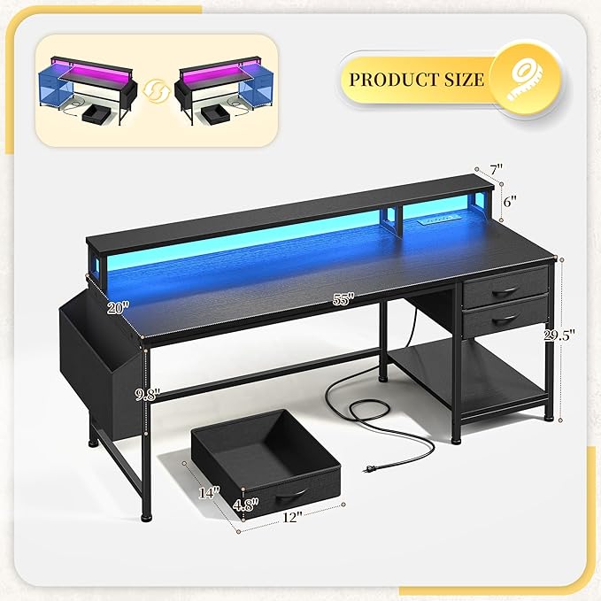 55" Computer Desk with Drawers & Storage Bag, Gaming Desk with Power Outlets and LED Lights, Office Desk with Monitor Stand for Bedroom Gaming Room, Study Work Home Office, Black