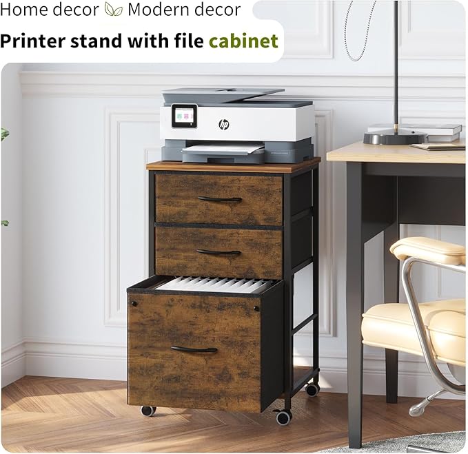 Mobile File Cabinet with Fabric Drawer,Rustic Brown File Cabinets for Home Office, Rolling Printer Stand with Storage, Filing Cabinet fits A4 or Letter Size for Home Office