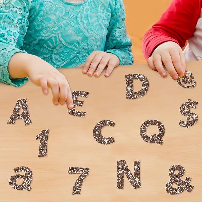 Colarr 216 Pcs Glitter Bulletin Board Letters for Classroom Number Alphabet Punctuation Symbol Cutout 4'' Die-Cut Poster Letter with Adhesive Dot School Party Holiday Decor Display(Brown)