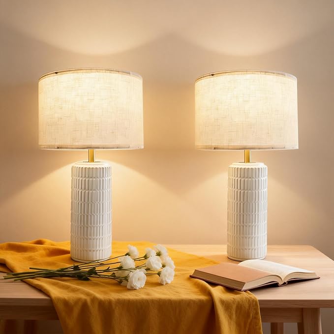 23" Modern Ceramic Table Lamps for Bedroom Set of 2,Farmhouse Bedside Night Stands Lamp for End Table Home Decor,Boho Nightstand Lamps Set of 2 for Living Room, White Desk Lamps for Home Office