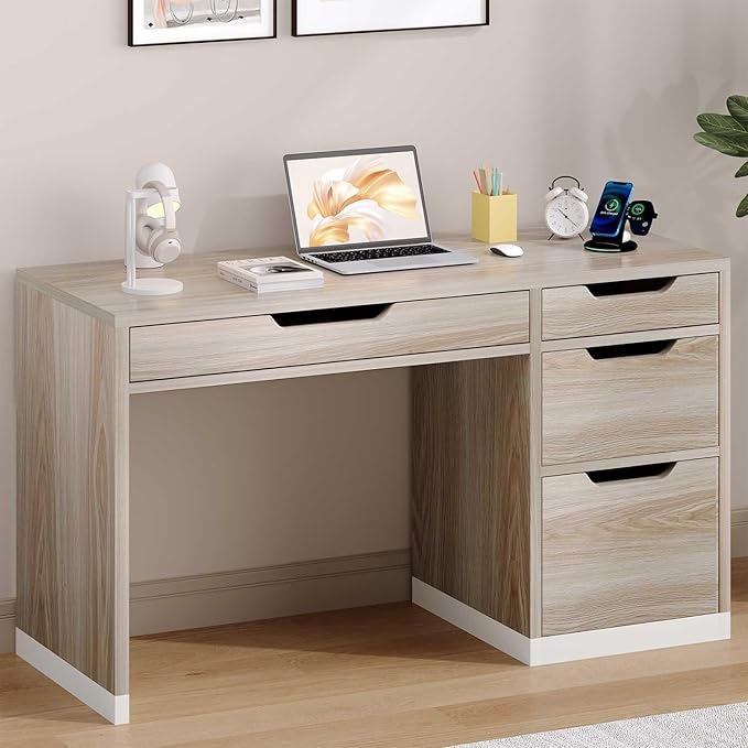 Small Desk with Drawers, 52 Inch Home Office Desk with Storage for Bedroom, Computer Desk with Filing Drawer for Small Space, Walnut