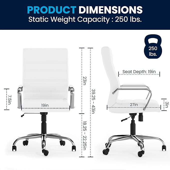 Flash Furniture Whitney High-Back Swivel LeatherSoft Desk Chair with Padded Seat and Armrests, Adjustable Height Padded Office Chair, White/Chrome