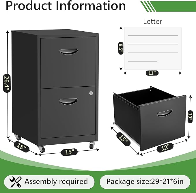 2 Drawer Rolling File Cabinet with Lock,Filing Cabinets for Home Office,Two Drawer File Cabinet, Mobile Under Desk File Cabinets, Printer Stand with Wheels Fit Letter/A4,Assembly Required