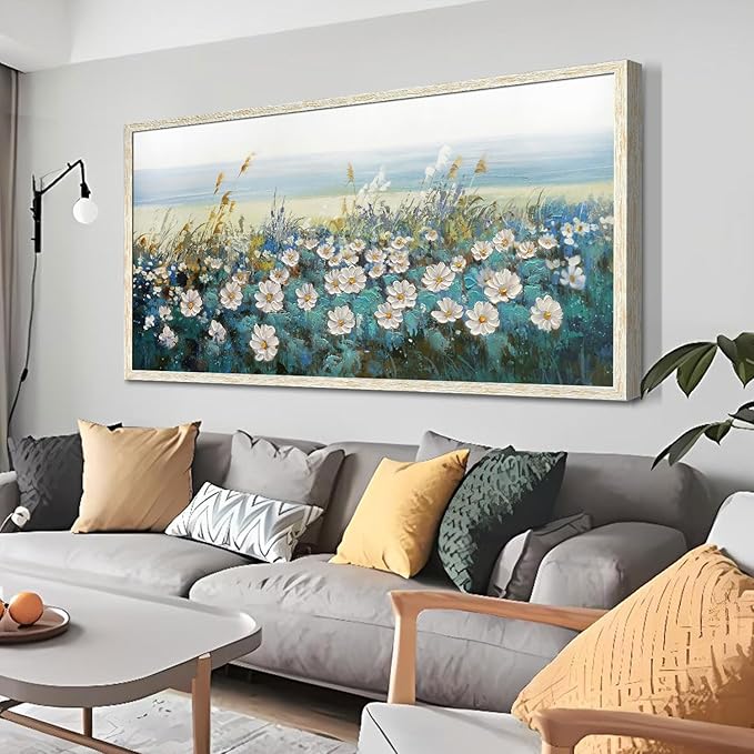 Arjun Flower Wall Art Canvas Framed Daisy Floral Textured Painting for Living Room, Bedroom Picture Artwork Dining Room Office Home Wall Decor, Large 48"x24"