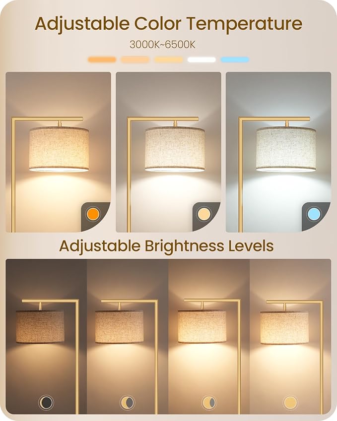 Modern Dimmable Floor Lamp for Living Room, Corner Tall Lamp with Fabric Shade, LED Bulb Included, Arched Reading Light with Remote Control and Foot Pedal, Beige and Gold DE11LD05