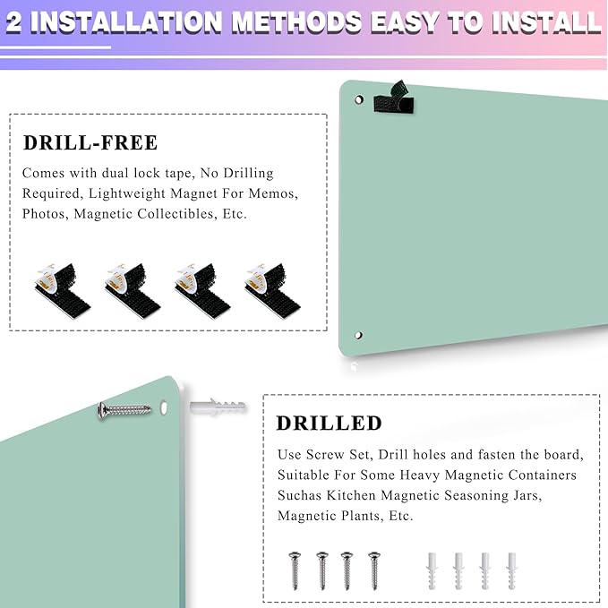 Green 2Pack Magnetic Board,17.5" x 11.4" Magnet Bulletin Board to Display Magnetic Notes, Poetry, Photos, Suitable for Wall, Refrigerator, Cabinet etc, Come with 4 Pcs Dual Lock Tape and Screws