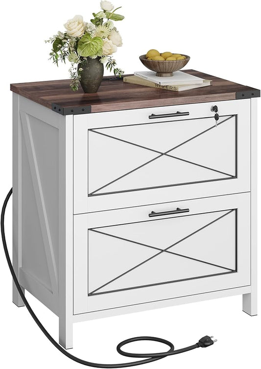 DEVAISE Lateral File Cabinet with Lock, 2 Drawers & Charging Station, Farmhouse Wood Printer Stand with Large Storage, Fits A4/Letter/Legal Hanging Files, White