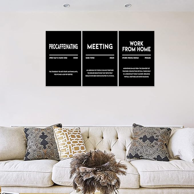 3 Piece Inspirational Canvas Wall Art, Quotes "Procaffeinating - Meeting - Work From Home" Motivational Print Pictures, Triptych Entrepreneur Poster Framed Artwork for Men Women Room Decor(48"Wx24" H)