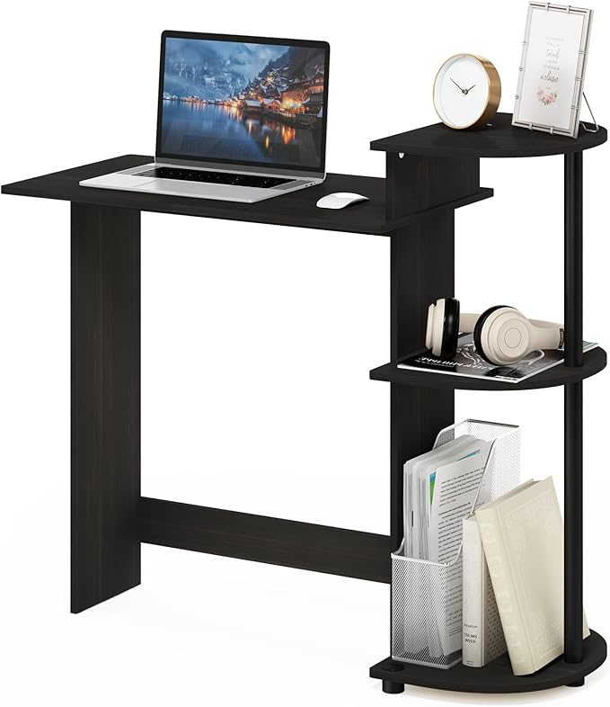 Furinno Compact Desk, 28.5 Wide Gaming Desk with Shelves, Computer Desk with Book Shelf, Office Desk for Home Office, Study Room, Dorm, Bedroom, Dark Espresso