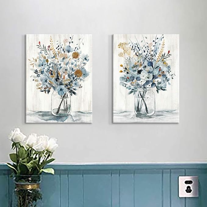 Hardy Gallery Floral Canvas Wall Art Prints: Abstract Blossom Flower Bouquet in Glass Bottle Picture Print on Canvas Small Size for Dining Room (12'' x 16'' x 2 Panels)