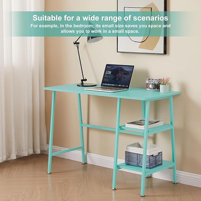 VECELO 43 Inch Computer Desk Writing Study Work Office Table Modern Desk with Shelves Wooden Desk for Home Bedroom,Blue Desk