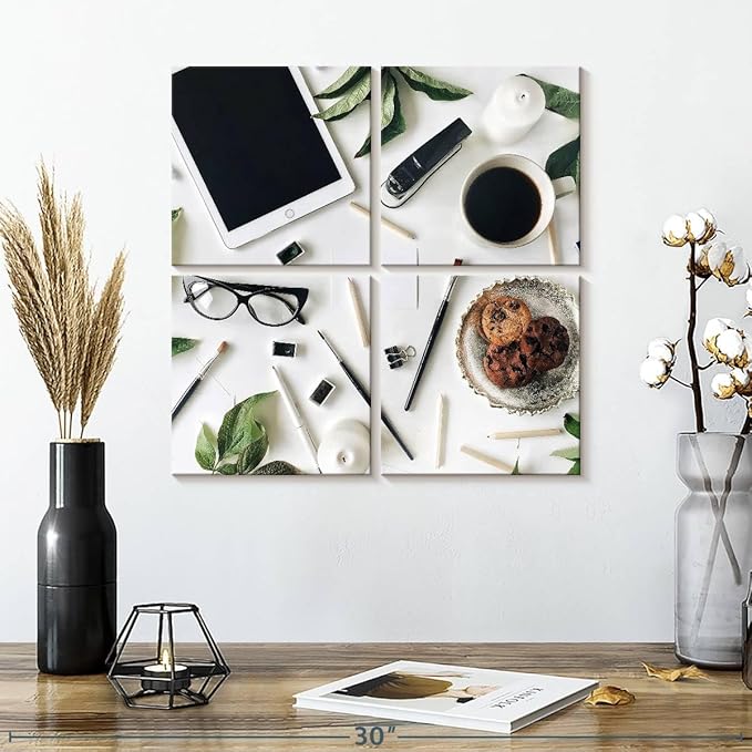ElephantStock - Workspace Wall Art - Square Multi Panel Canvas - 4 Piece Home Office Wall Decor - Photography Profession Multi Piece Wall Art - Brown And Green Decor - 18" x 18"