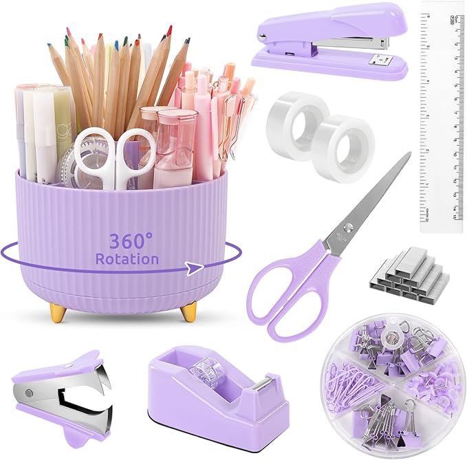 Office Accessories, 10Pcs, 360-Degree Rotating Pen Holder, Office Supplies Include Stapler, Tape, Tape Holder, Scissors, Ruler, Staple Remover, 1 Box of Staples, Paper Clips Kit for Office School
