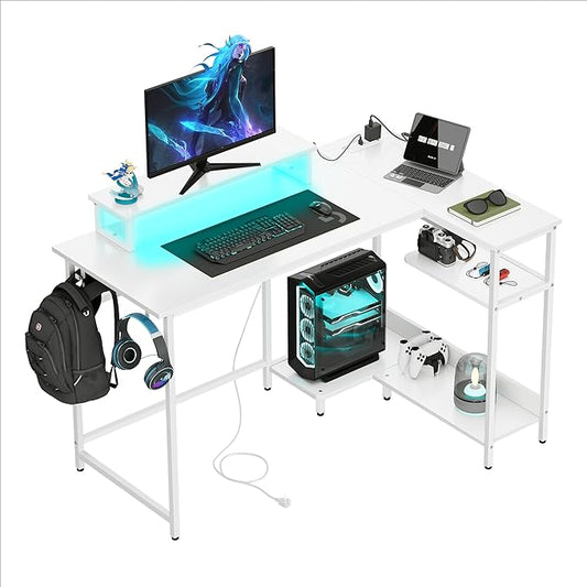 DEVAISE 47 Inch L Shaped Gaming Desk with LED Lights & Power Outlets, Corner Desk for Small Spaces, Sturdy PC Computer Table with Storage for Home Office, White