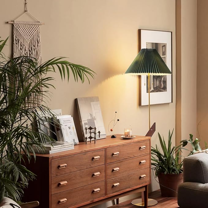 Floor Lamps for Living Room,Mid Century Modern Wood Floor Lamp,Height Adjustable Study Room,Bedroom,Office Vintage Tall Standing Glod Floor Lamp,Green Pleated Lampshade