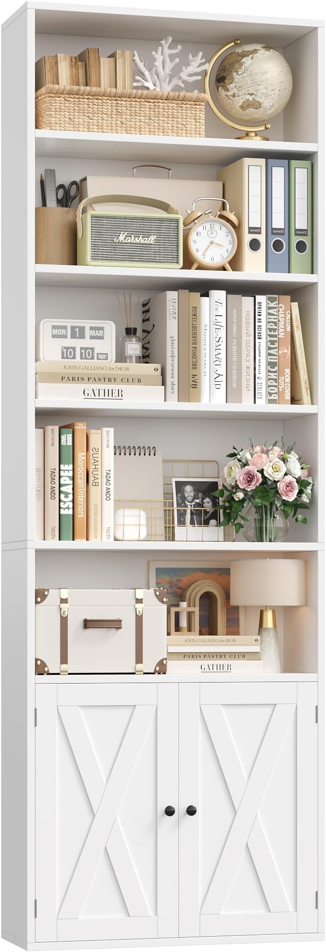 FACBOTALL 82" Tall Bookcase and Book Shelf, 24" Wide Bookshelf with Doors, 7 Tier Bookcase with Storage and Adjustable Shelf, Open and Display Farmhouse Bookshelf for Living Room, Home Office, White