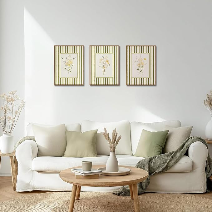 KISSFOX 3 Piece Floral Framed Wall Art Wildflower Canvas Wall Art Flower Pictures Wall Decor Boho Botanical Paintings Green Poster Prints For Girly Bedroom Living Room Bathroom