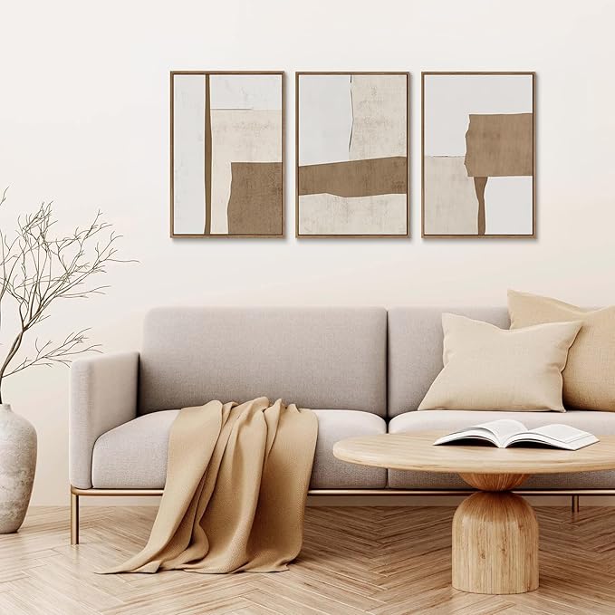 myusuar 3 Piece Large Modern Abstract Canvas Framed Wall Art For Living Room, Brown And Beige Block Minimalist Wall Art Decor Posters Prints For Bedroom Office, 16x24in
