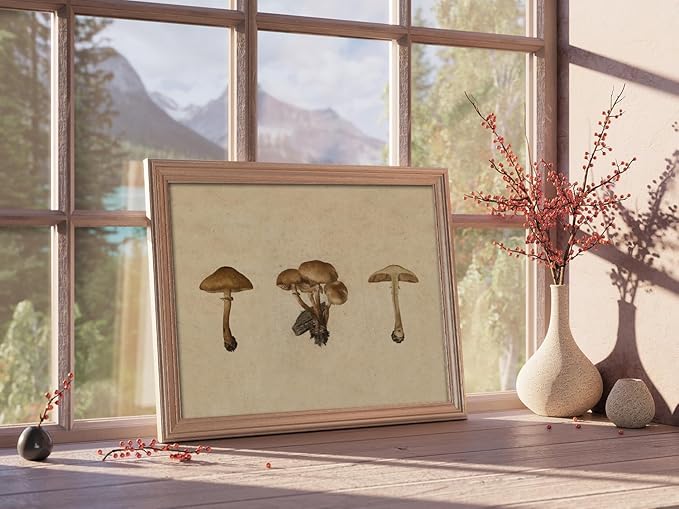 Kizbok Vintage Mushroom Wall Art Poster, Farmhouse Mushroom Wall Decor, Retro Botanical Paintings Cottagecore Room Decor Aesthetic, Neutral Earthy mushroom Picture for Kitchen Bedroom Gallery Nursery Home decor(8" x 10"-UNFRAMED)