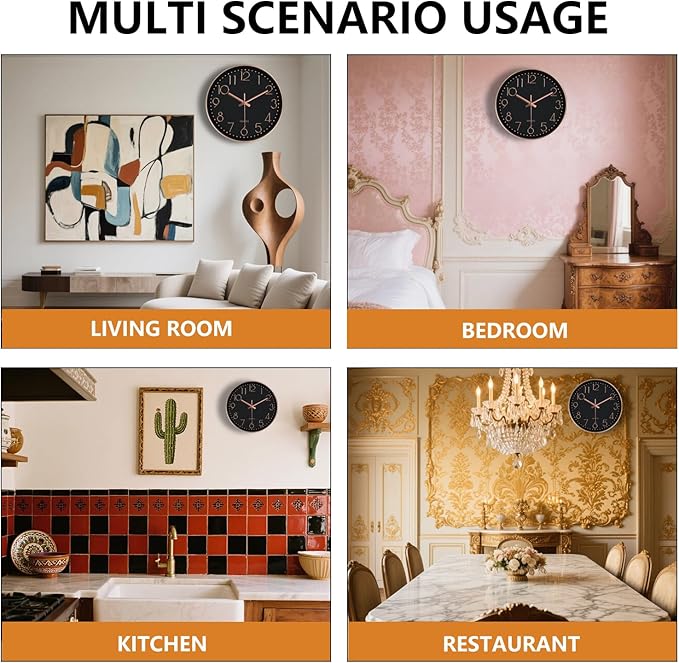 Silent Wall Clocks Battery Operated 8 Inch, Analog Wall Clock with Oversized Number Tempered Glass Clock Face, Non Ticking Wall Clocks for Living Room Bedroom Kitchen Office, Black Rose Gold