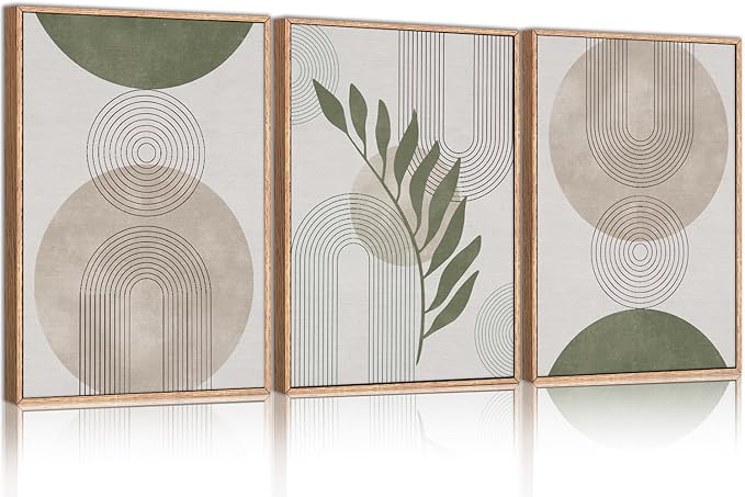 HPINUB Sage Green Boho Framed Canvas Wall Art Set, Minimalist Beige Green Botanical Wall Decor, Abstract Geometric Line Leaf Canvas Painting for Living Room, Dining Room, Office Decor-24 x36 x3