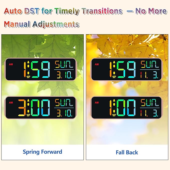 Peakeep Kids Digital Alarm Clock for Bedrooms, Date Day of Week Large Display Numbers 6 Brightness Dimmer, 5 Volume Loud for Heavy Sleepers, 8 RGB Colors Electric Desk Clock Battery Backup, Auto DST
