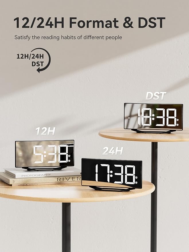 Digital Alarm Clocks for Bedrooms，8.7" LED Mirror Electronic Clocks with 2 USB Charger Ports,7 Levels Brightness & Alarm Volume,Dual Alarms,Snooze,12/24H,Modern Desk Clock for Bedside Home Office