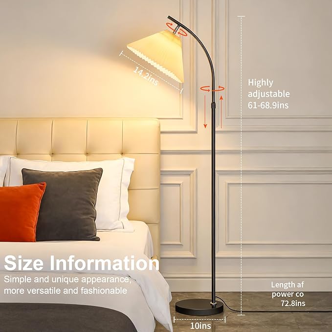 Tall Floor Lamp for Living Room Bedroom, 61"-68" Adjustable Standing Lamp with PleatedShade, Black Modern Lamp with 9W LED Dimmable 3-Color (3000K/4500K/6000K), Corner Reading Light for Office