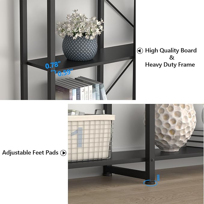Auromie Triple Wide 5-Tier Bookshelf, 70.87" L x 79.13" H Extra Large Bookcase, Tall Open Etagere Display Shelf with Metal Frame, Freestanding Modern Storage Shelves for Home Office (Black)