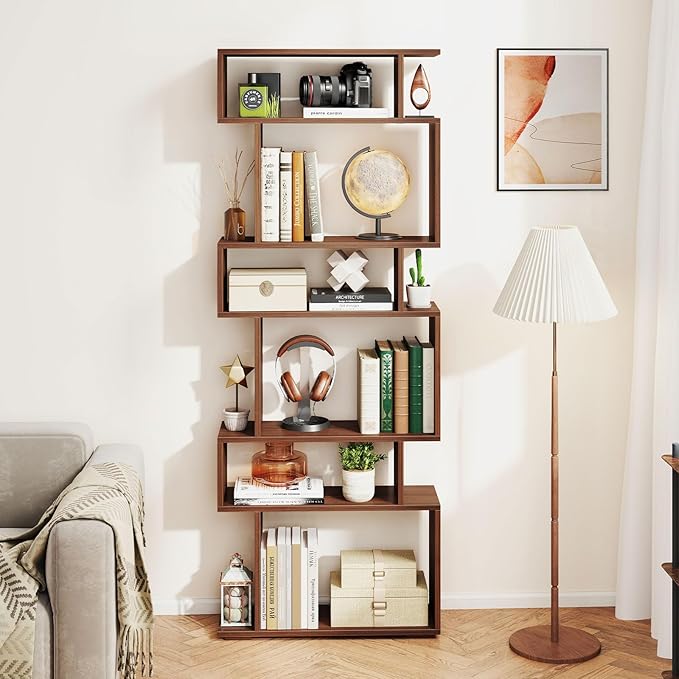 Giantex 6-Tier Geometric Bookshelf, S-Shaped Bookcase with 2 Anti-Tipping Kits, Wooden Display Shelf, Decorative Storage Shelving Unit, Home Storage Organizer for Office Living Room (1, Walnut)