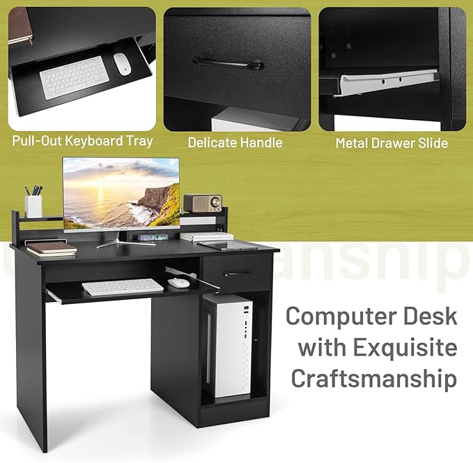 IFANNY Wooden Computer Desk, Black Home Office Desk w/Drawers, Keyboard Tray, Open Shelves & Monitor Stand, Modern Writing Desk, Compact Computer Desk for Small Spaces (Black)